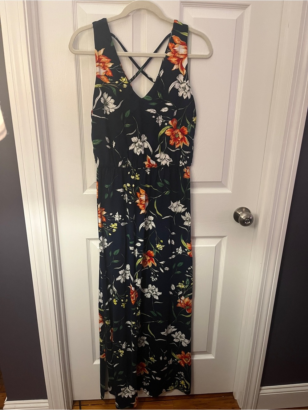 nine britton Black Floral Maxi Dress with Crisscross Straps